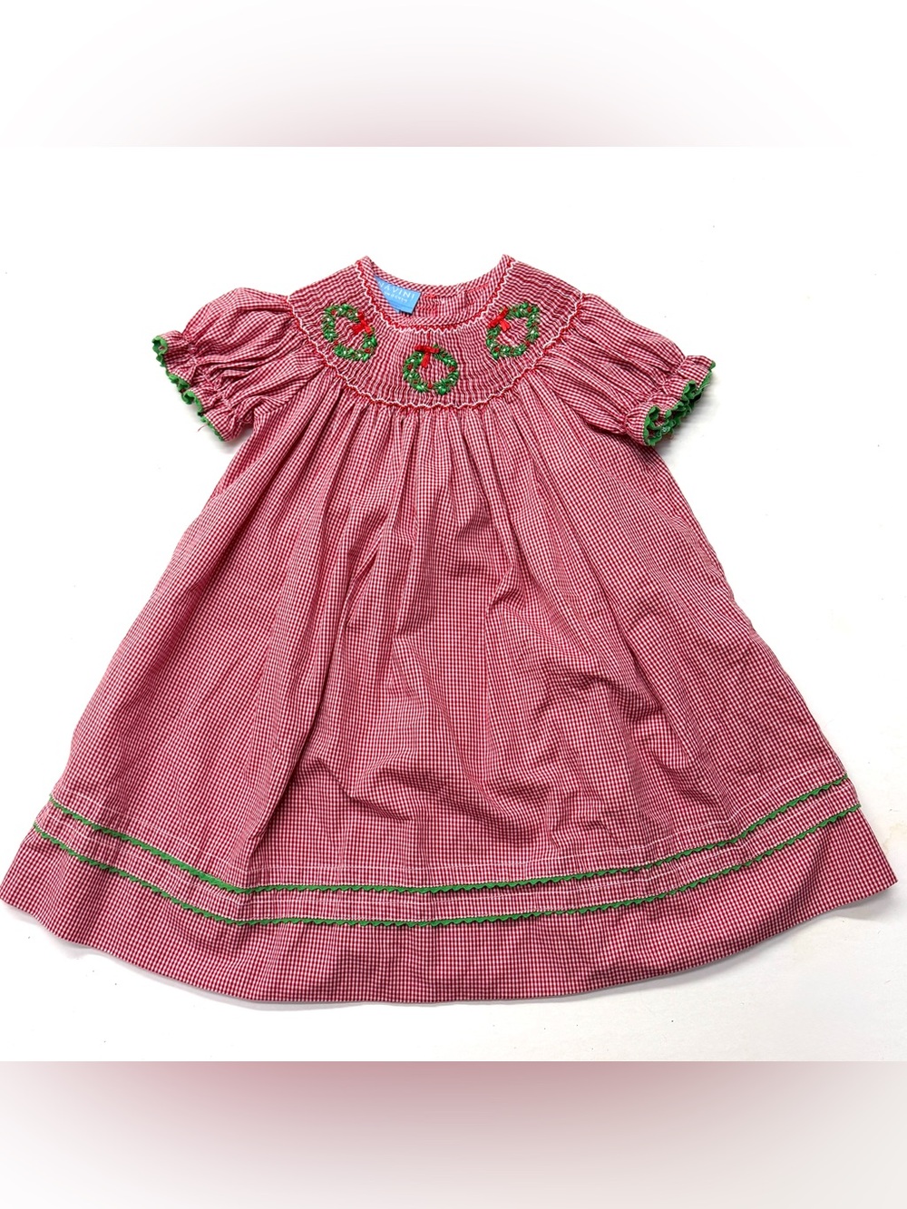 Anavini Red Smocked Christmas Holiday Wreath Girls Dress